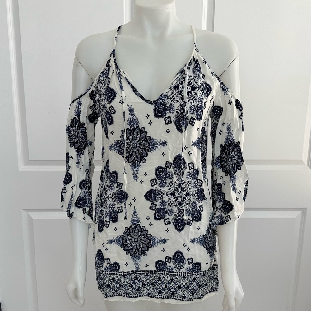 Blue & White Floral Paisley Print Boho Festival Cutout Dress - Picture 13 of 17